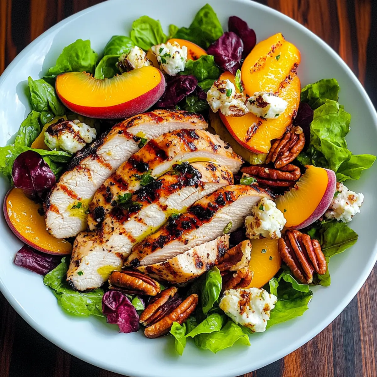 Grilled Chicken, Peach, Pecan and Goat Cheese Salad with Basil Vinaigrette