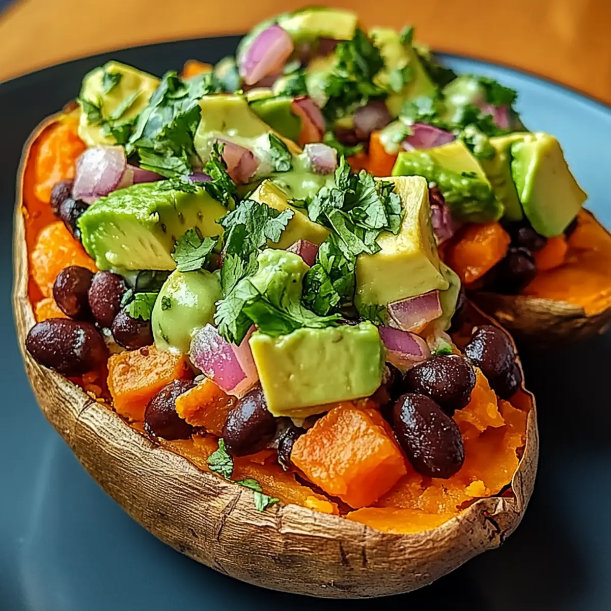 Stuffed Sweet Potato with Avocado, Black Beans & Cilantro Lime Crema